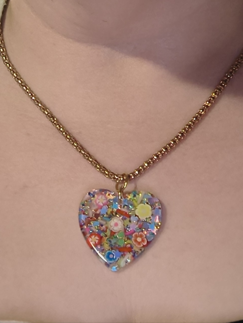 Gold Chain Necklace with Colorful Springtime Floral Heart Pendant